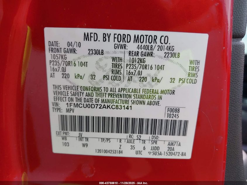 2010 Ford Escape Xlt VIN: 1FMCU0D72AKC83141 Lot: 43788610