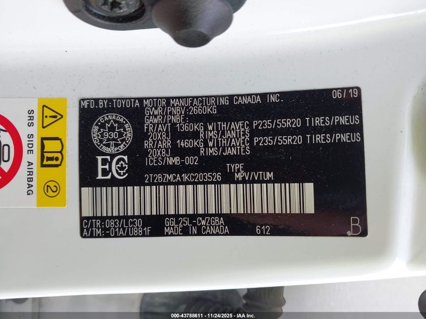 2019 Lexus Rx 350 VIN: 2T2BZMCA1KC203526 Lot: 43788611