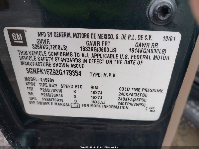 2002 Chevrolet Suburban 1500 Lt VIN: 3GNFK16Z92G179354 Lot: 43788616