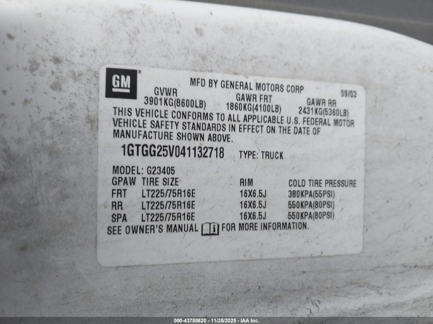 2004 GMC Savana Standard VIN: 1GTGG25V041132718 Lot: 43788620