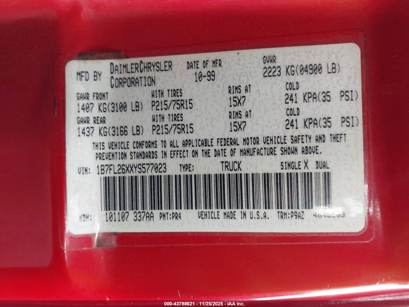 2000 Dodge Dakota Slt/Sport VIN: 1B7FL26XXYS577023 Lot: 43788621