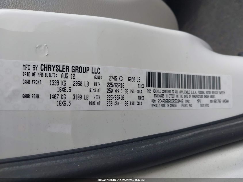 2013 Dodge Grand Caravan American Value Pkg VIN: 2C4RDGBGXDR533449 Lot: 43788646