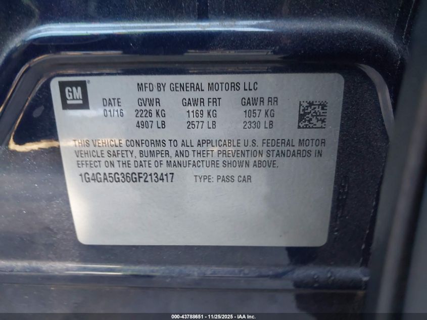2016 Buick Lacrosse VIN: 1G4GA5G36GF213417 Lot: 43788651