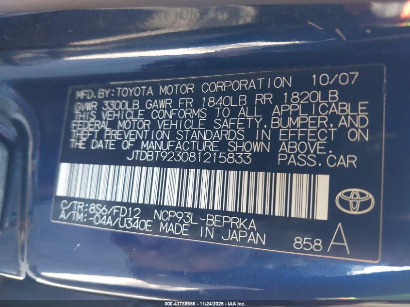 2008 Toyota Yaris VIN: JTDBT923081215833 Lot: 43788656