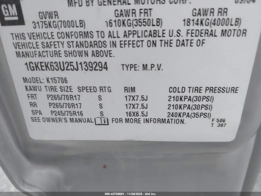 2005 GMC Yukon Denali VIN: 1GKEK63U25J139294 Lot: 43788661