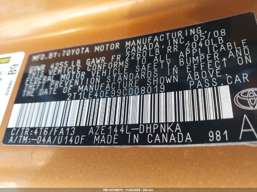 2009 Toyota Matrix S VIN: 2T1LE40E99C008019 Lot: 43788670