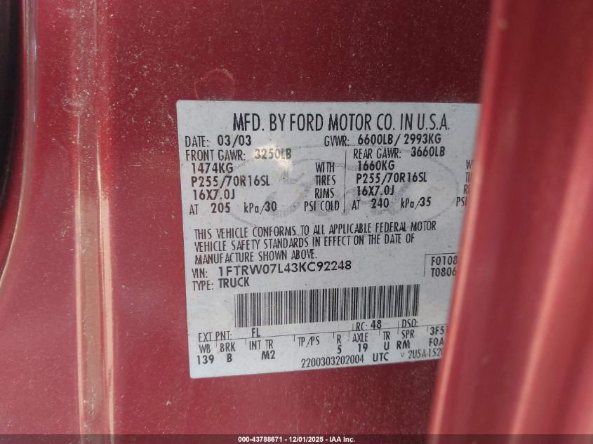 2003 Ford F-150 Lariat/Xlt VIN: 1FTRW07L43KC92248 Lot: 43788671
