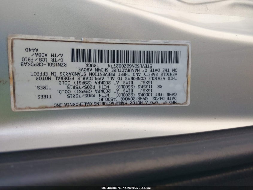 2002 Toyota Tacoma VIN: 5TEVL52N62Z082774 Lot: 43788676