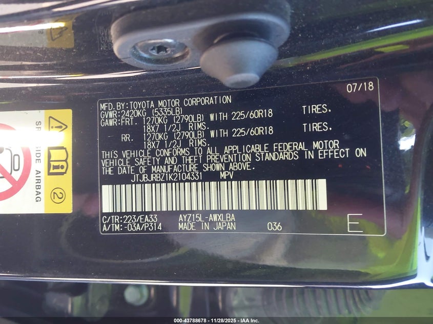 2019 Lexus Nx 300H VIN: JTJBJRBZ1K2104331 Lot: 43788678