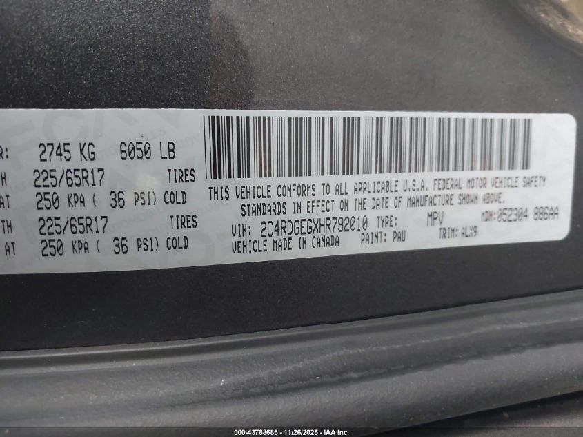 2017 Dodge Grand Caravan Gt VIN: 2C4RDGEGXHR792010 Lot: 43788685