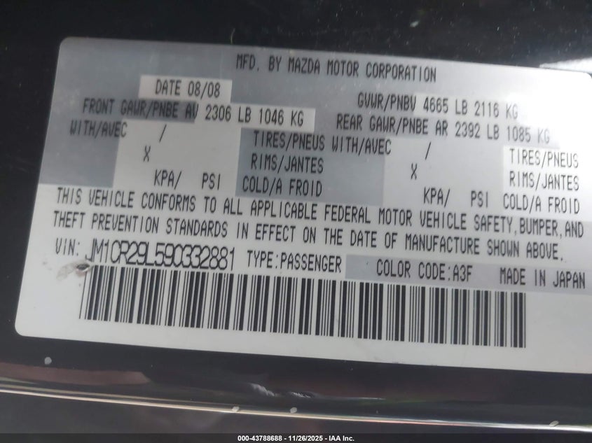 2009 Mazda Mazda5 Grand Touring VIN: JM1CR29L590332881 Lot: 43788688