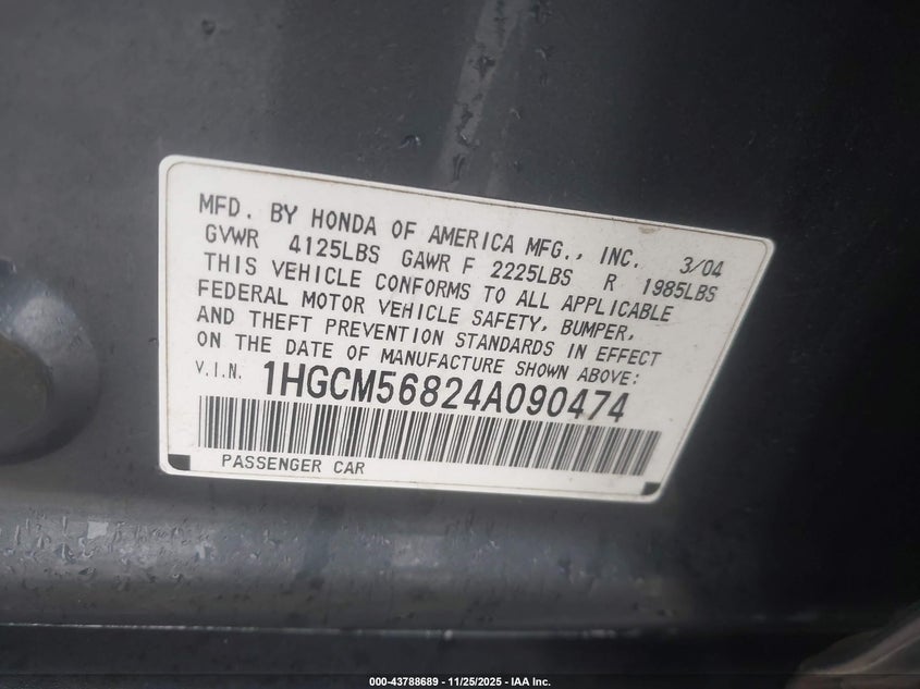 2004 Honda Accord 2.4 Ex VIN: 1HGCM56824A090474 Lot: 43788689