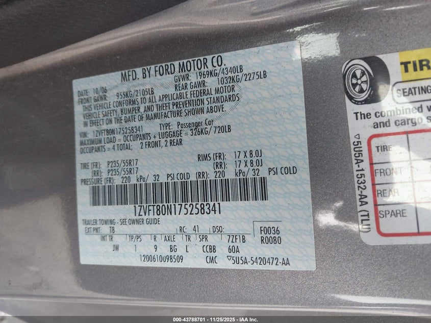 2007 Ford Mustang V6 Deluxe/V6 Premium VIN: 1ZVFT80N175258341 Lot: 43788701