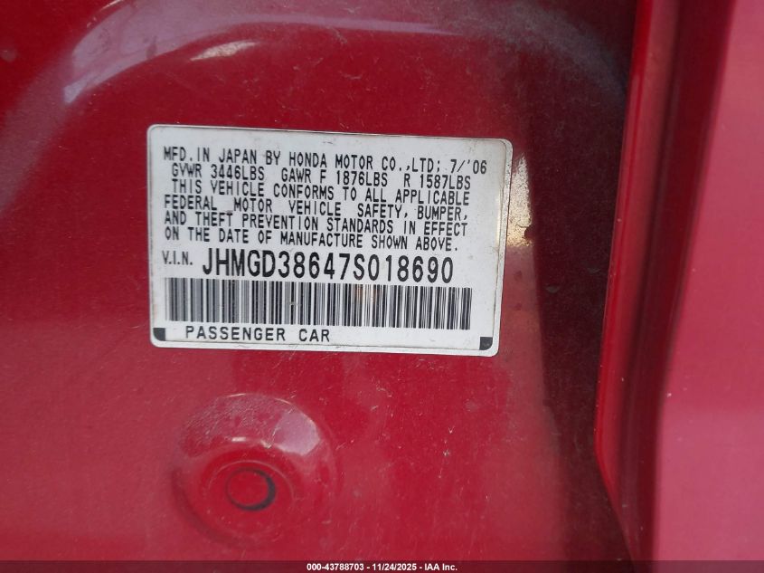 2007 Honda Fit Sport VIN: JHMGD38647S018690 Lot: 43788703