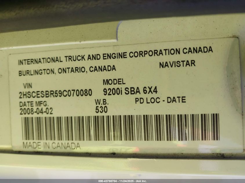 2009 International 9200 9200I VIN: 2HSCESBR59C070080 Lot: 43788704
