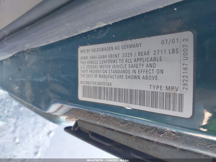 2002 Volkswagen Eurovan Mv VIN: WV2MB47092H030368 Lot: 43788709