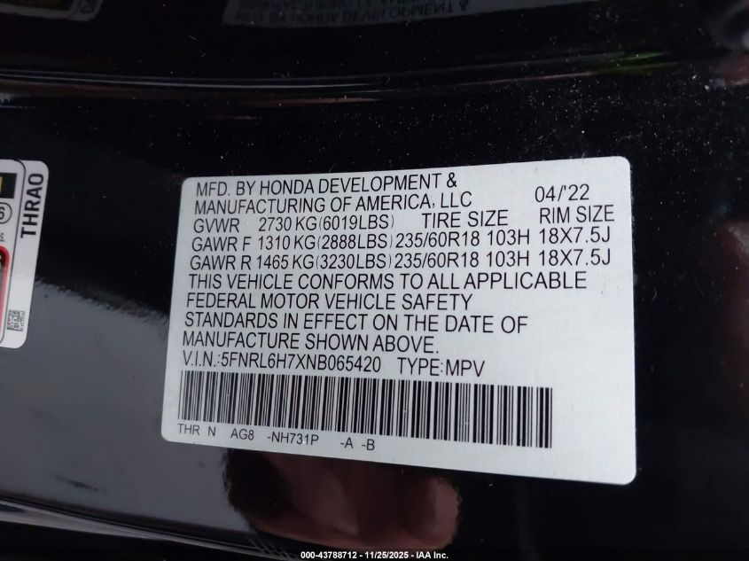 2022 Honda Odyssey Ex-L VIN: 5FNRL6H7XNB065420 Lot: 43788712