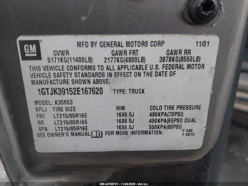 2002 GMC Sierra 3500 Sle VIN: 1GTJK39152E167620 Lot: 43788731