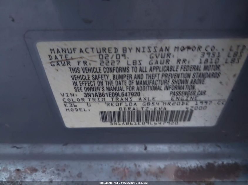 2009 Nissan Sentra 2.0S VIN: 3N1AB61E09L647920 Lot: 43788734