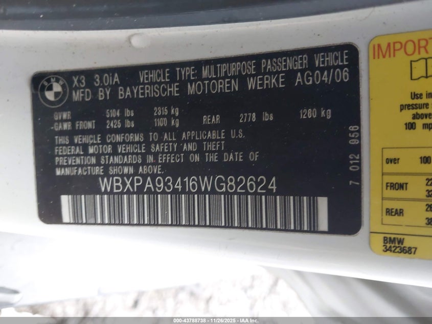2006 BMW X3 3.0I VIN: WBXPA93416WG82624 Lot: 43788738
