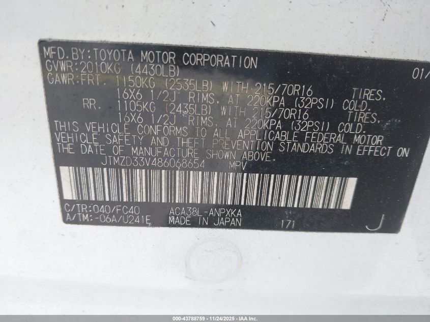 2008 Toyota Rav4 VIN: JTMZD33V486068654 Lot: 43788759