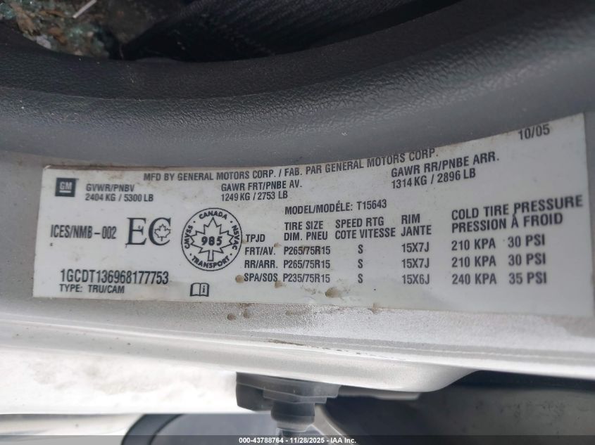 2006 Chevrolet Colorado Lt VIN: 1GCDT136968177753 Lot: 43788764