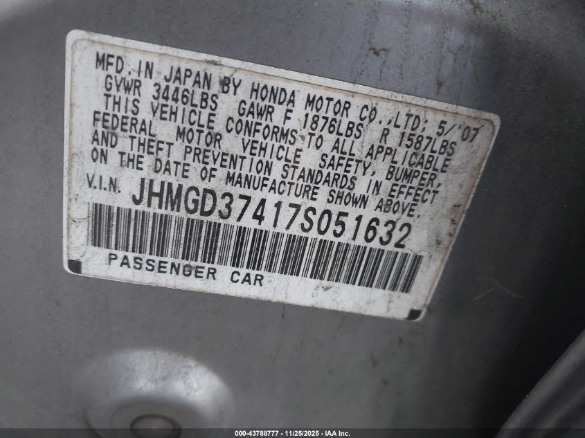 2007 Honda Fit VIN: JHMGD37417S051632 Lot: 43788777
