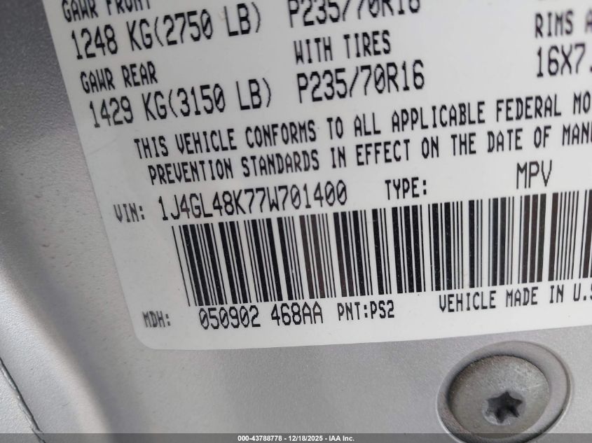 2007 Jeep Liberty Sport VIN: 1J4GL48K77W701400 Lot: 43788778