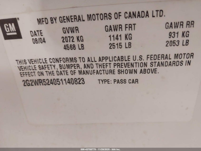 2005 Pontiac Grand Prix Gtp VIN: 2G2WR524051140823 Lot: 43788779
