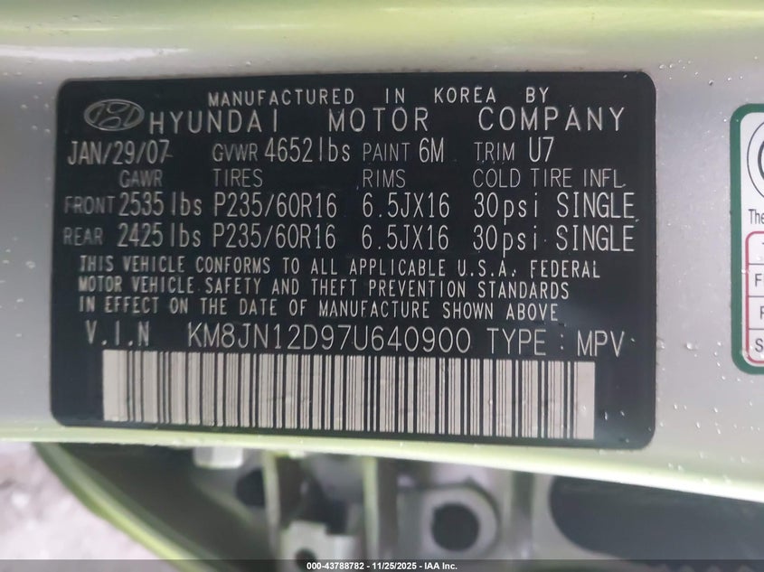 2007 Hyundai Tucson Limited/Se VIN: KM8JN12D97U640900 Lot: 43788782