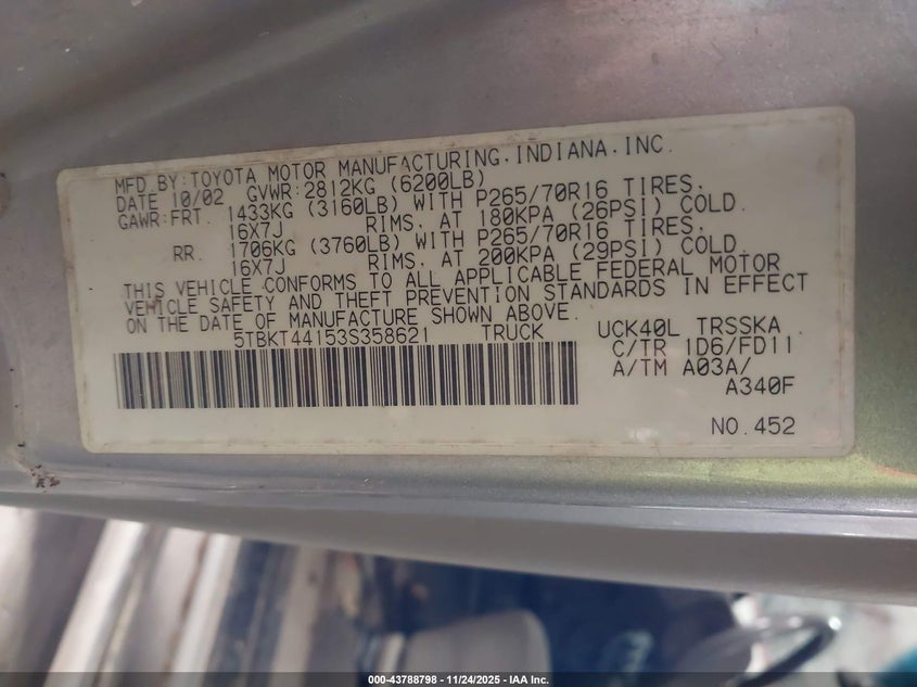 2003 Toyota Tundra Sr5 V8 VIN: 5TBKT44153S358621 Lot: 43788798