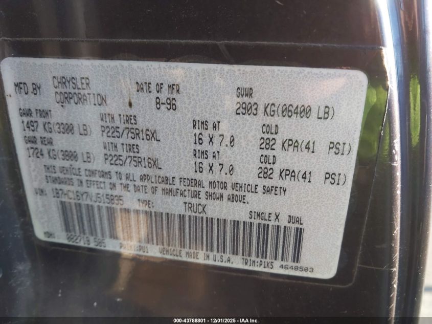 1997 Dodge Ram 1500 Lt VIN: 1B7HC16Y7VJ515835 Lot: 43788801