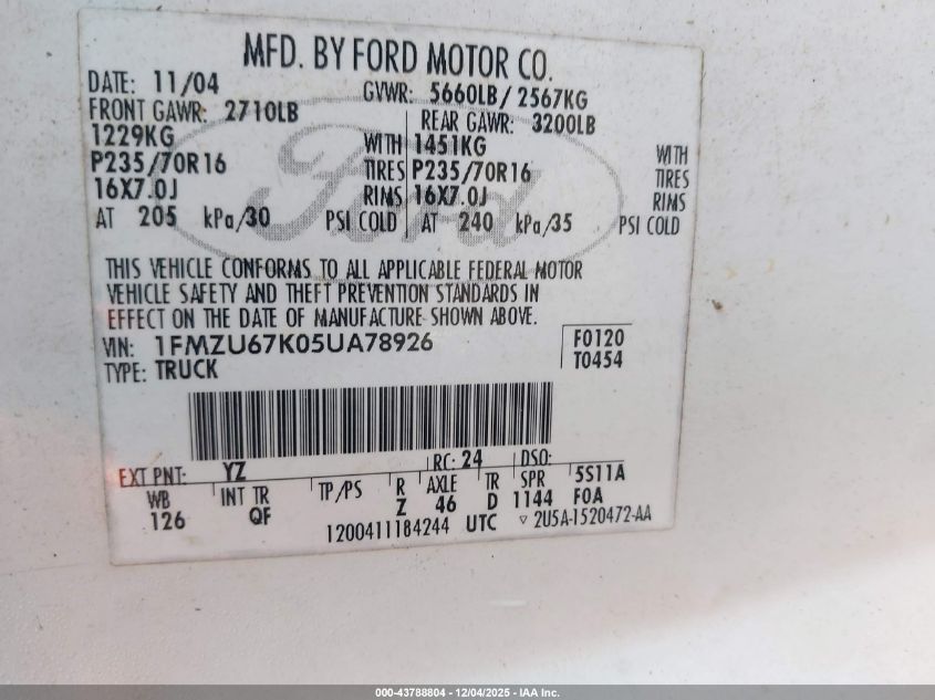 2005 Ford Explorer Sport Trac Adrenalin/Xls/Xlt VIN: 1FMZU67K05UA78926 Lot: 43788804