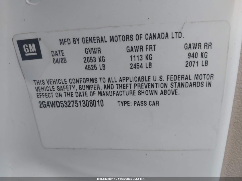 2005 Buick Lacrosse Cxl VIN: 2G4WD532751308010 Lot: 43788815