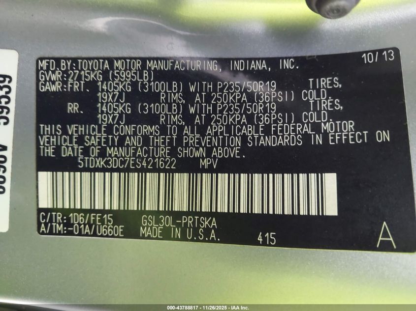 2014 Toyota Sienna Se 8 Passenger VIN: 5TDXK3DC7ES421622 Lot: 43788817