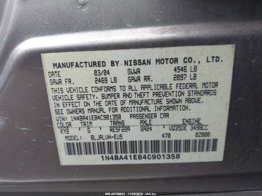 2004 Nissan Maxima 3.5 Sl VIN: 1N4BA41E84C901358 Lot: 43788822