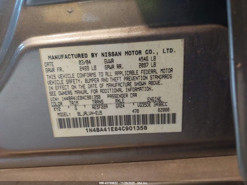 2004 Nissan Maxima 3.5 Sl VIN: 1N4BA41E84C901358 Lot: 43788822