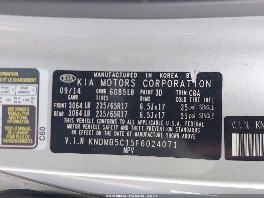 2015 Kia Sedona Lx VIN: KNDMB5C15F6024071 Lot: 43788823