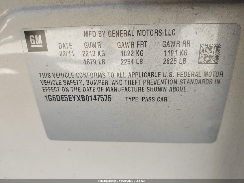 2011 Cadillac Cts Luxury VIN: 1G6DE5EYXB0147575 Lot: 43788831