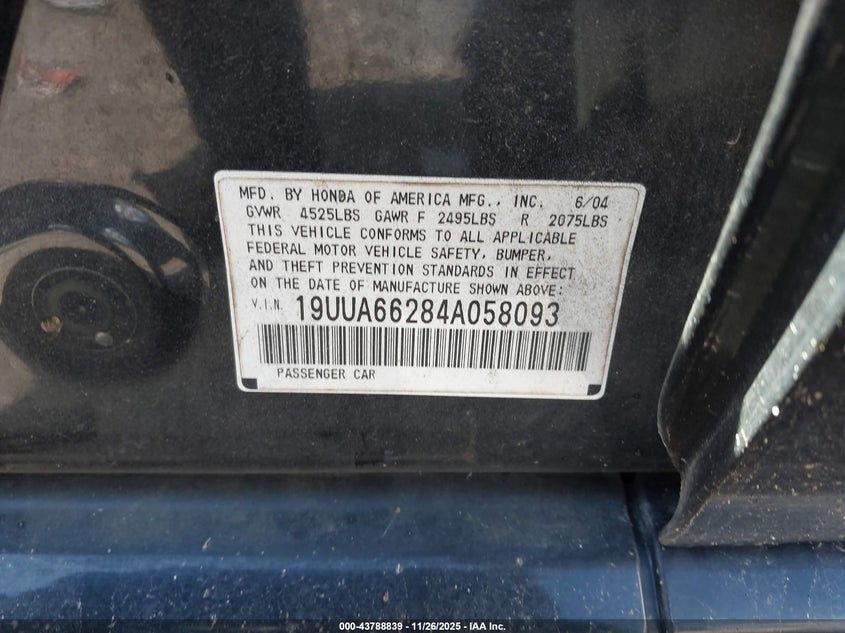 2004 Acura Tl VIN: 19UUA66284A058093 Lot: 43788839