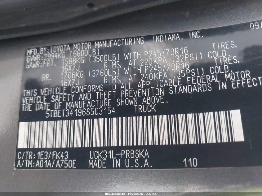 2006 Toyota Tundra Sr5 V8 VIN: 5TBET34196S503154 Lot: 43788842