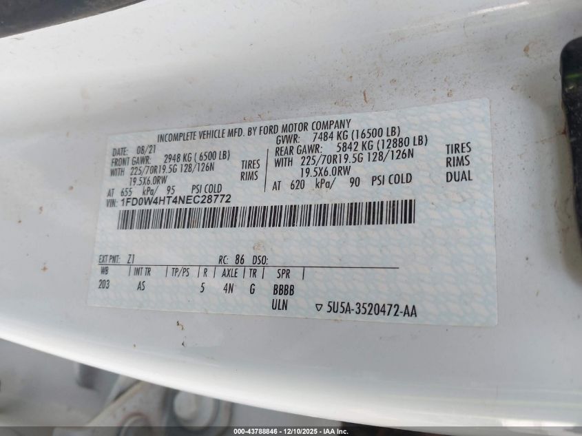 2022 Ford F-450 Chassis Xl VIN: 1FD0W4HT4NEC28772 Lot: 43788846