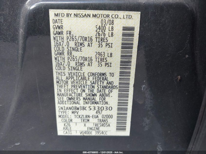 2008 Nissan Xterra S VIN: 5N1AN08W38C533030 Lot: 43788853