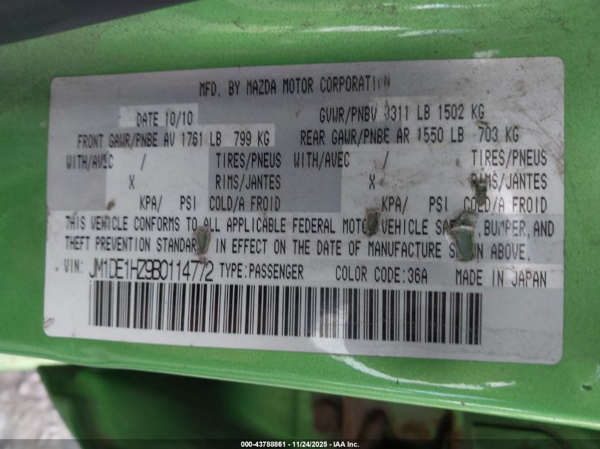 2011 Mazda Mazda2 Touring VIN: JM1DE1HZ9B0114772 Lot: 43788861