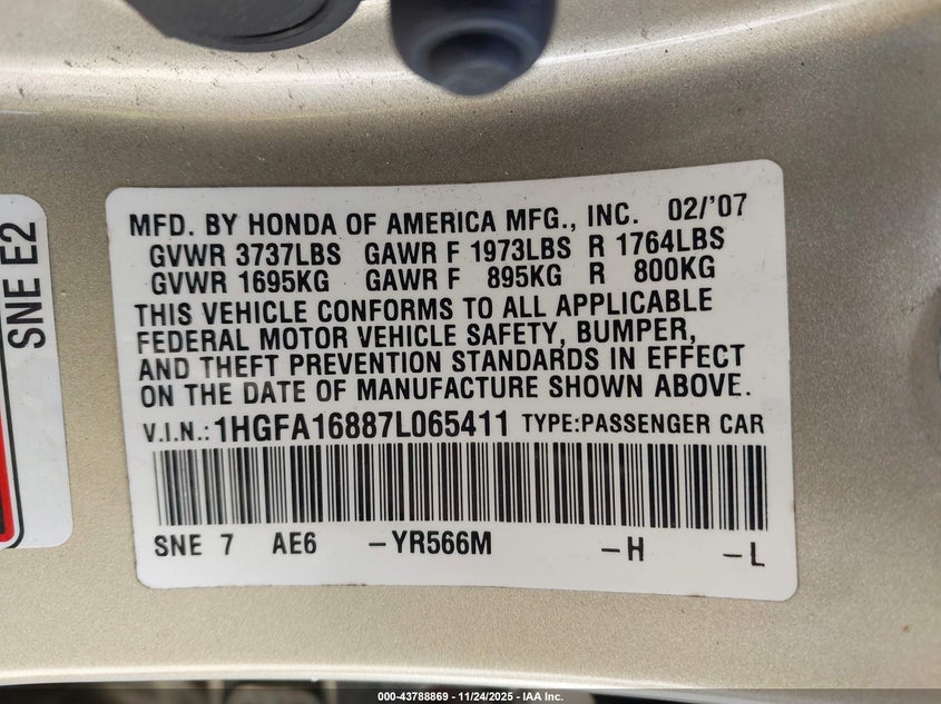 1HGFA16887L065411 2007 HONDA CIVIC photo no. 9