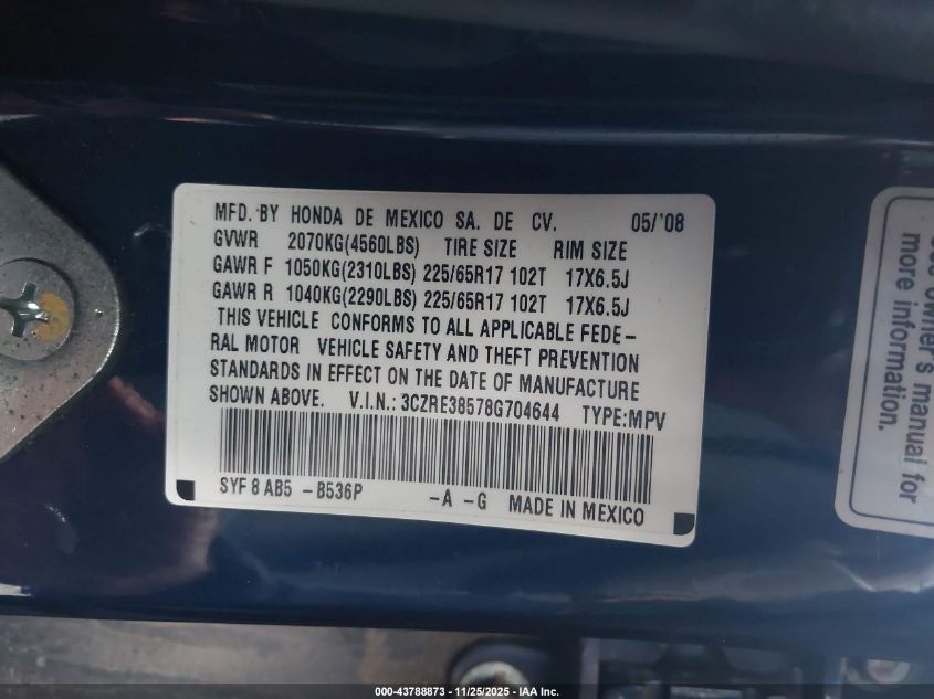 2008 Honda Cr-V Ex VIN: 3CZRE38578G704644 Lot: 43788873
