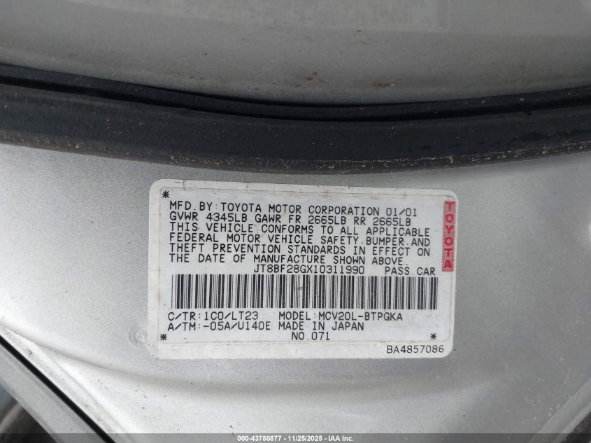 2001 Lexus Es 300 VIN: JT8BF28GX10311990 Lot: 43788877