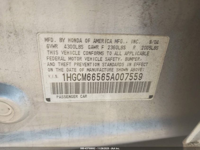 2005 Honda Accord 3.0 Ex VIN: 1HGCM66565A007559 Lot: 43788882