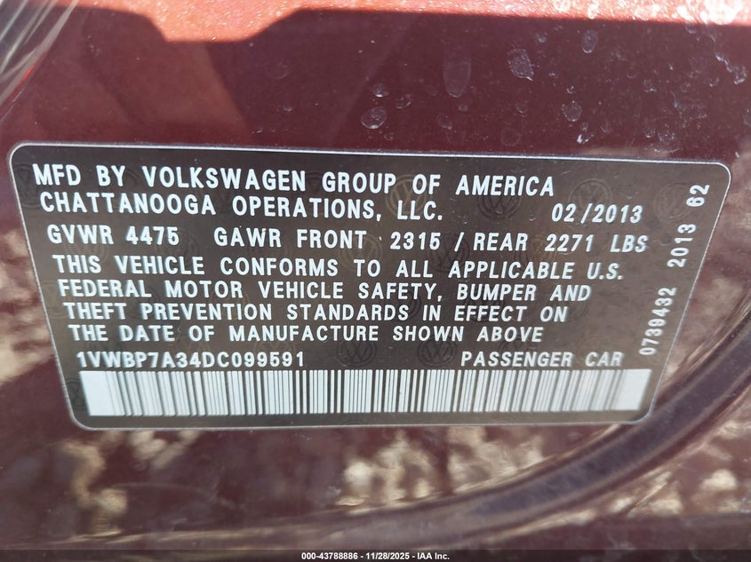 2013 Volkswagen Passat 2.5L Se VIN: 1VWBP7A34DC099591 Lot: 43788886