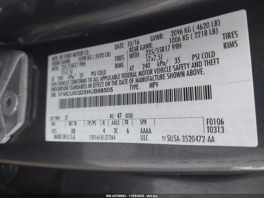 2017 Ford Escape Se VIN: 1FMCU0GD5HUB98505 Lot: 43788892